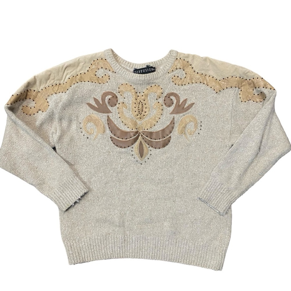 Vintage 80s Diffusion Silk Angora Lambswool Blend Beaded Western Sweater Size S